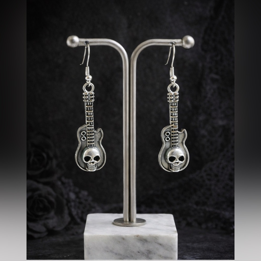 Silver Skull Guitar Earrings
